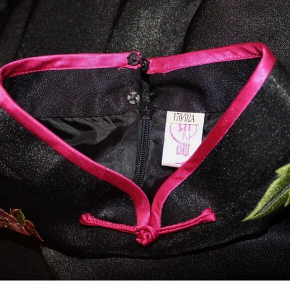 Long Black Satin Dress Floral Butterfly Side Slits Mandrin Collar Eastern XS - Picture 5 of 8